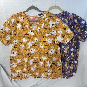 Halloween Scrub Tops XL I Love Scrubs Cats Ghosts Pumpkins Purple Orange Set